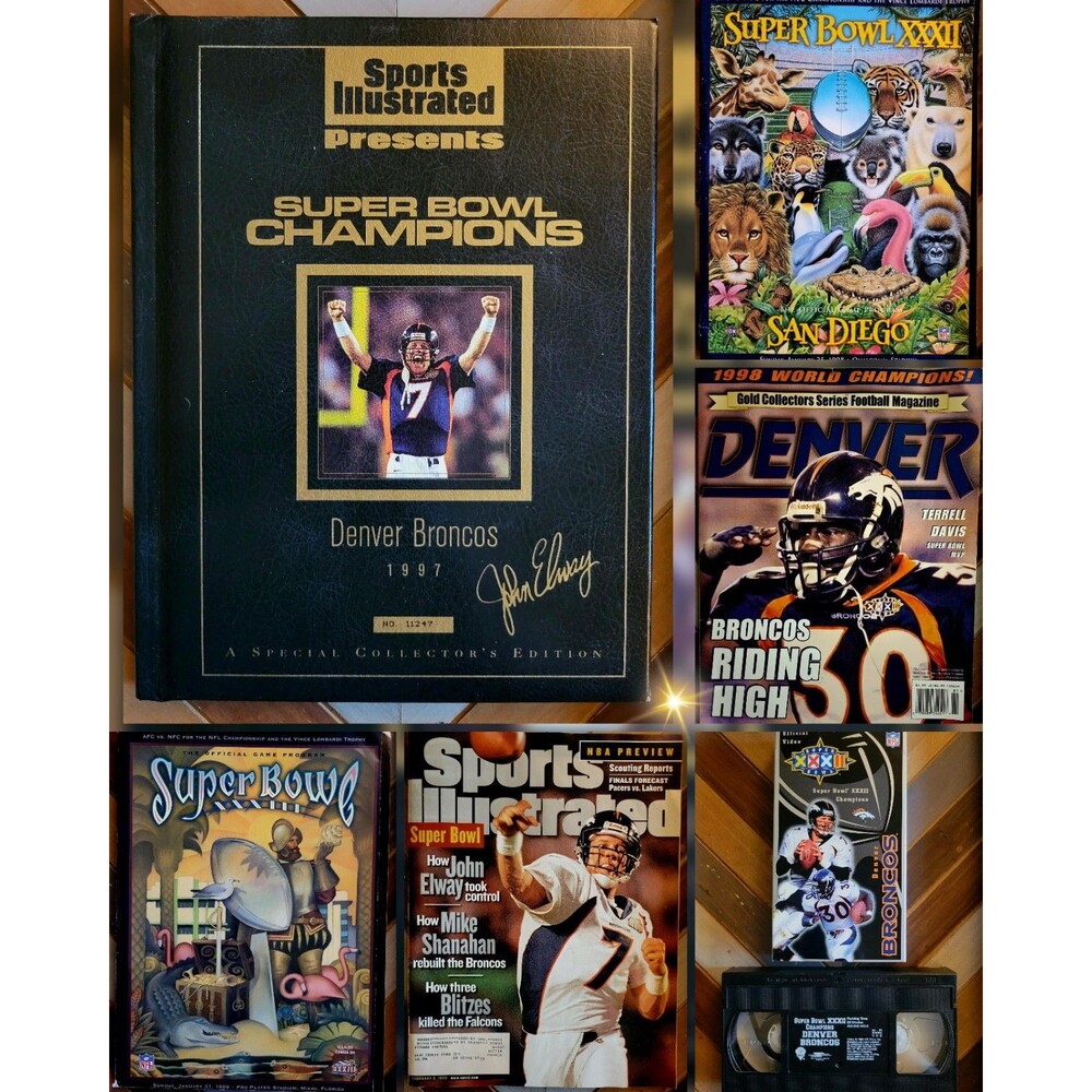 Lot of 6: Denver Broncos NFL Super Bowl Champ SI Book (HC), 2 Programs, Mag, VHS
